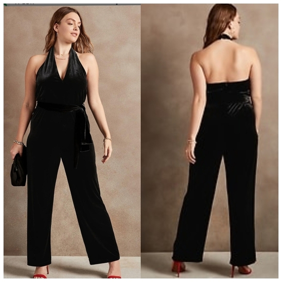 Banana Republic Womens Petite Velvet Halter Neck Jumpsuit 10P Black Party Chic - Picture 1 of 13